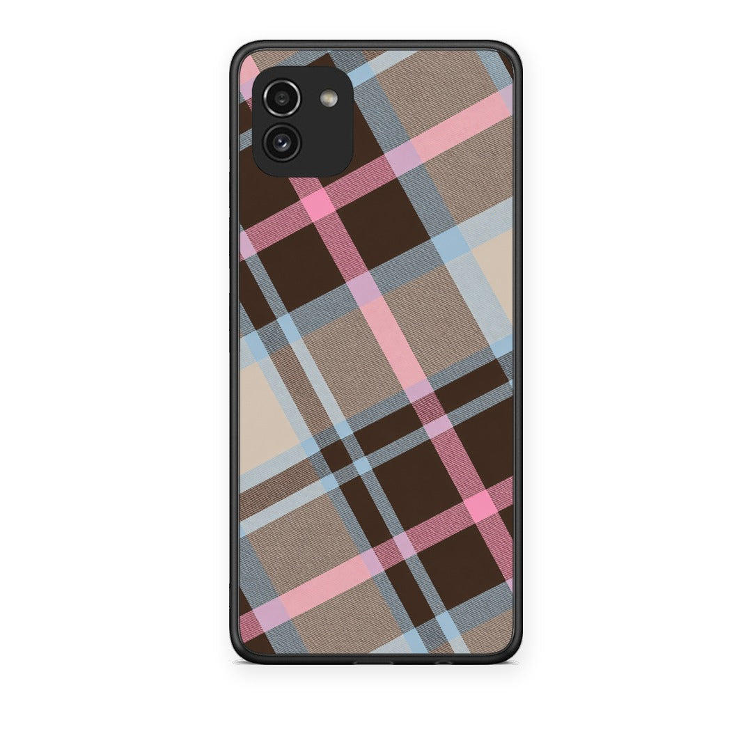 Θήκη Samsung Galaxy A03 Brown Pink and Blue Diagonal Plaid από τη Smartfits με σχέδιο στο πίσω μέρος και μαύρο περίβλημα | Samsung Galaxy A03 Brown Pink and Blue Diagonal Plaid case with colorful back and black bezels