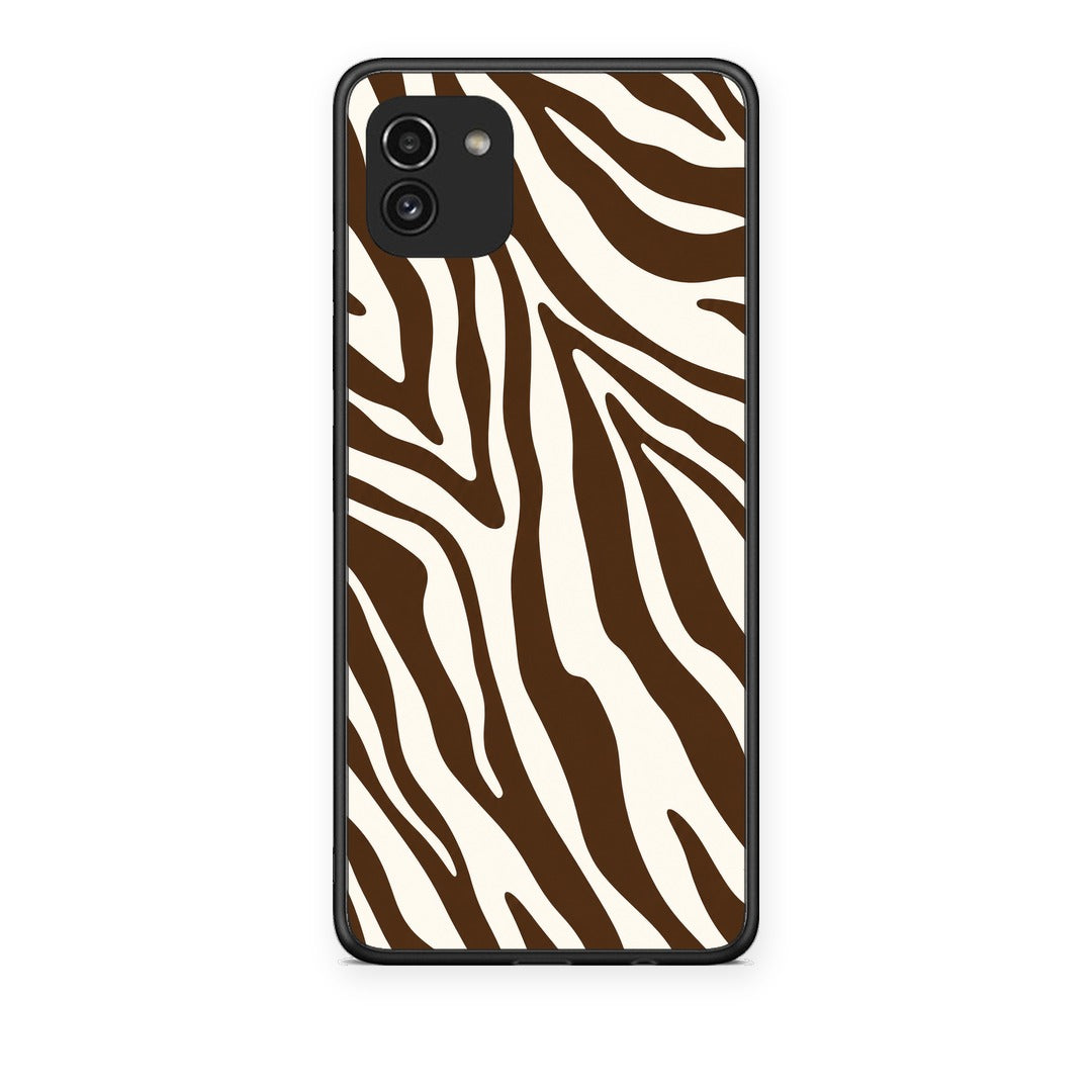 Θήκη Samsung Galaxy A03 Brown and Cream Zebra Stripes από τη Smartfits με σχέδιο στο πίσω μέρος και μαύρο περίβλημα | Samsung Galaxy A03 Brown and Cream Zebra Stripes case with colorful back and black bezels