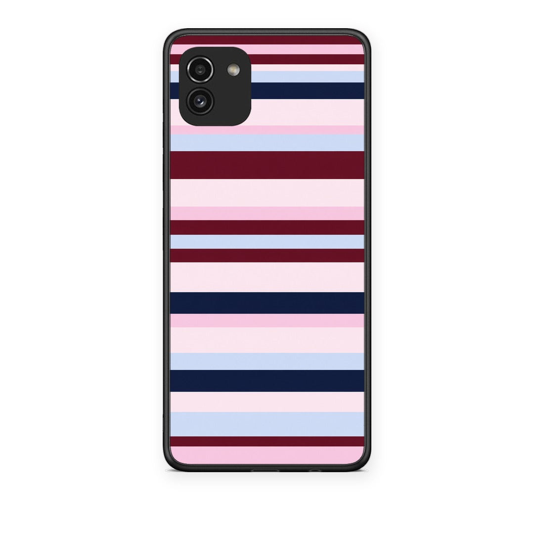 Θήκη Samsung Galaxy A03 Burgundy Pink and Blue Horizontal Stripes από τη Smartfits με σχέδιο στο πίσω μέρος και μαύρο περίβλημα | Samsung Galaxy A03 Burgundy Pink and Blue Horizontal Stripes case with colorful back and black bezels