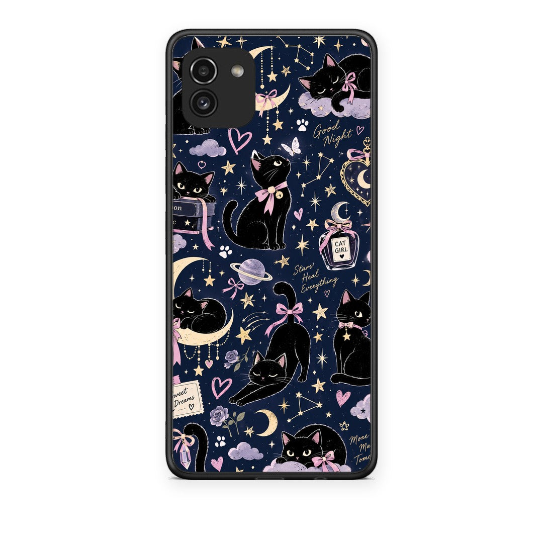 Θήκη Samsung Galaxy A03 Celestial Black Cats on Navy από τη Smartfits με σχέδιο στο πίσω μέρος και μαύρο περίβλημα | Samsung Galaxy A03 Celestial Black Cats on Navy case with colorful back and black bezels