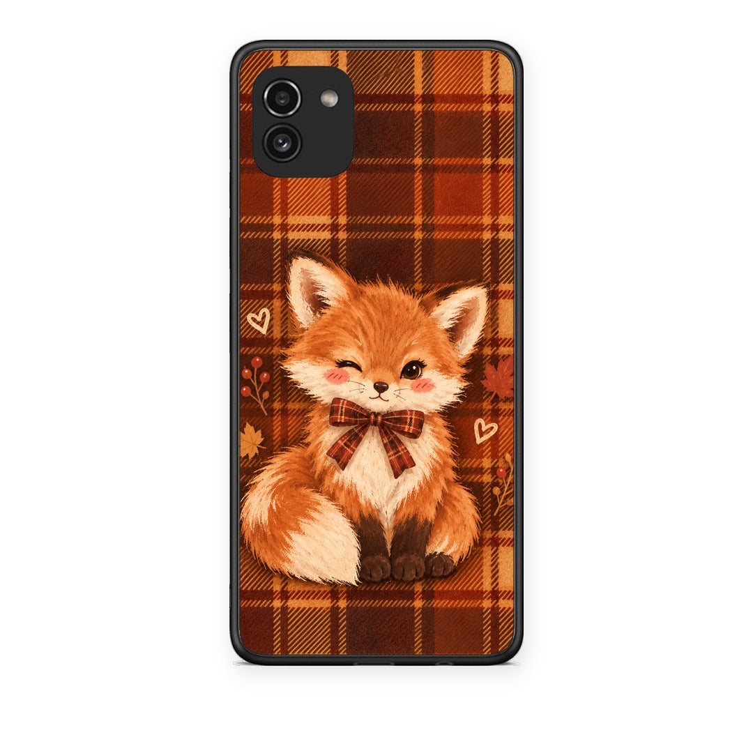 Θήκη Samsung Galaxy A03 Fox on Autumn Tartan από τη Smartfits με σχέδιο στο πίσω μέρος και μαύρο περίβλημα | Samsung Galaxy A03 Fox on Autumn Tartan case with colorful back and black bezels