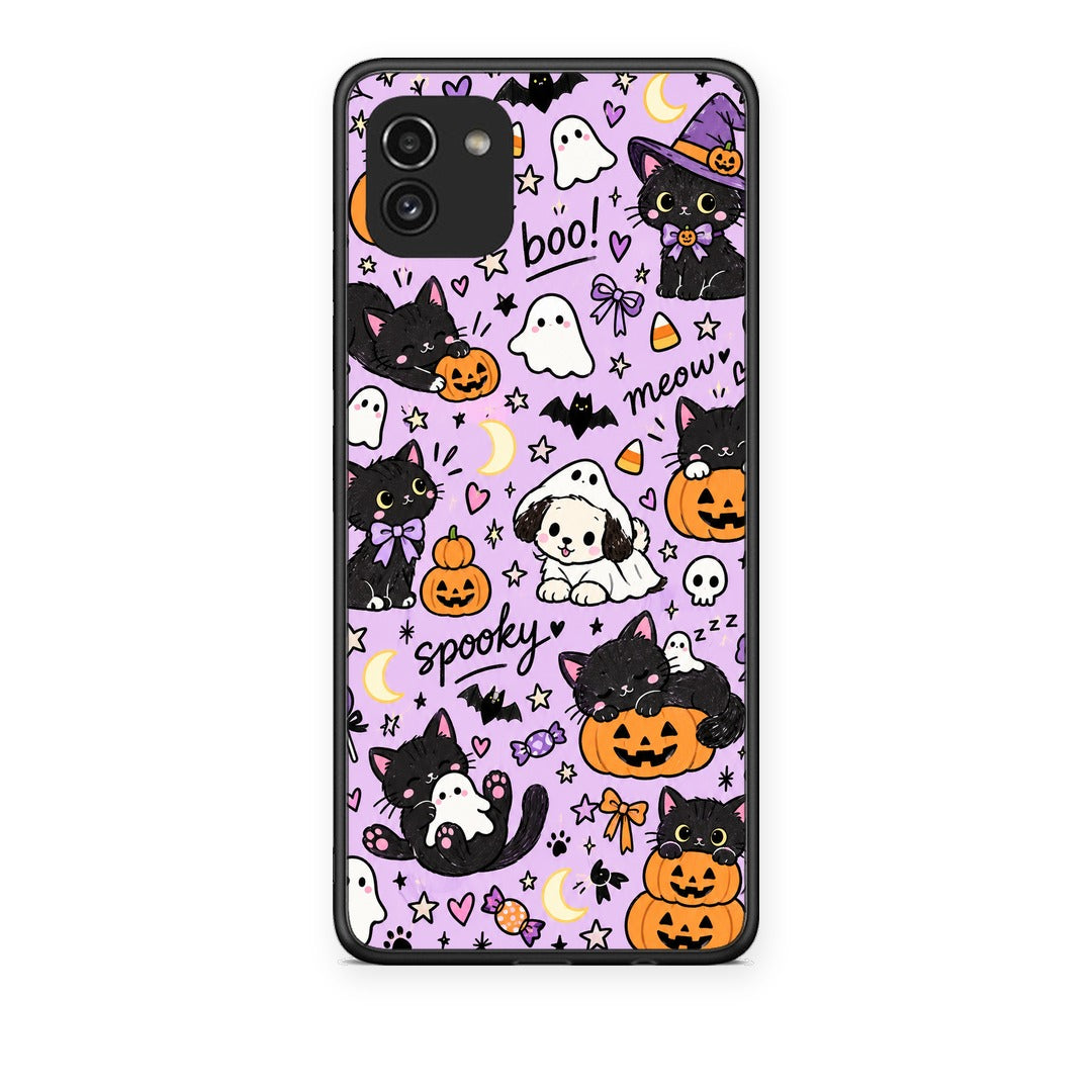 Θήκη Samsung Galaxy A03 Halloween Black Cats on Lilac από τη Smartfits με σχέδιο στο πίσω μέρος και μαύρο περίβλημα | Samsung Galaxy A03 Halloween Black Cats on Lilac case with colorful back and black bezels