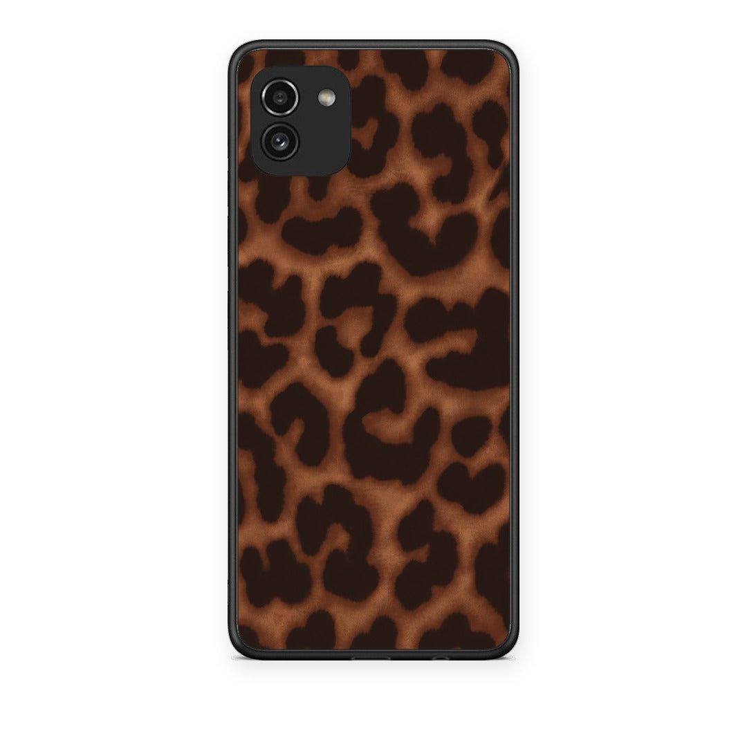 Θήκη Samsung Galaxy A03 Leopard Print Dark Brown από τη Smartfits με σχέδιο στο πίσω μέρος και μαύρο περίβλημα | Samsung Galaxy A03 Leopard Print Dark Brown case with colorful back and black bezels
