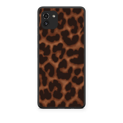Θήκη Samsung Galaxy A03 Leopard Print Dark Brown από τη Smartfits με σχέδιο στο πίσω μέρος και μαύρο περίβλημα | Samsung Galaxy A03 Leopard Print Dark Brown case with colorful back and black bezels