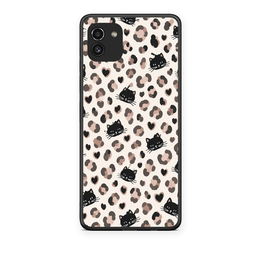 Θήκη Samsung Galaxy A03 Leopard Spots and Black Cats on Cream από τη Smartfits με σχέδιο στο πίσω μέρος και μαύρο περίβλημα | Samsung Galaxy A03 Leopard Spots and Black Cats on Cream case with colorful back and black bezels