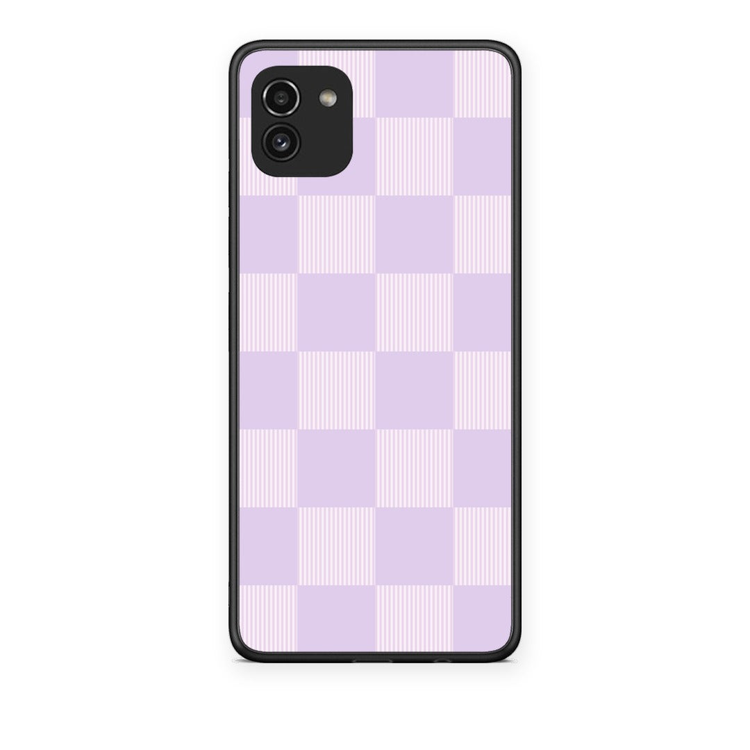 Θήκη Samsung Galaxy A03 Lilac and Cream Striped Checks από τη Smartfits με σχέδιο στο πίσω μέρος και μαύρο περίβλημα | Samsung Galaxy A03 Lilac and Cream Striped Checks case with colorful back and black bezels