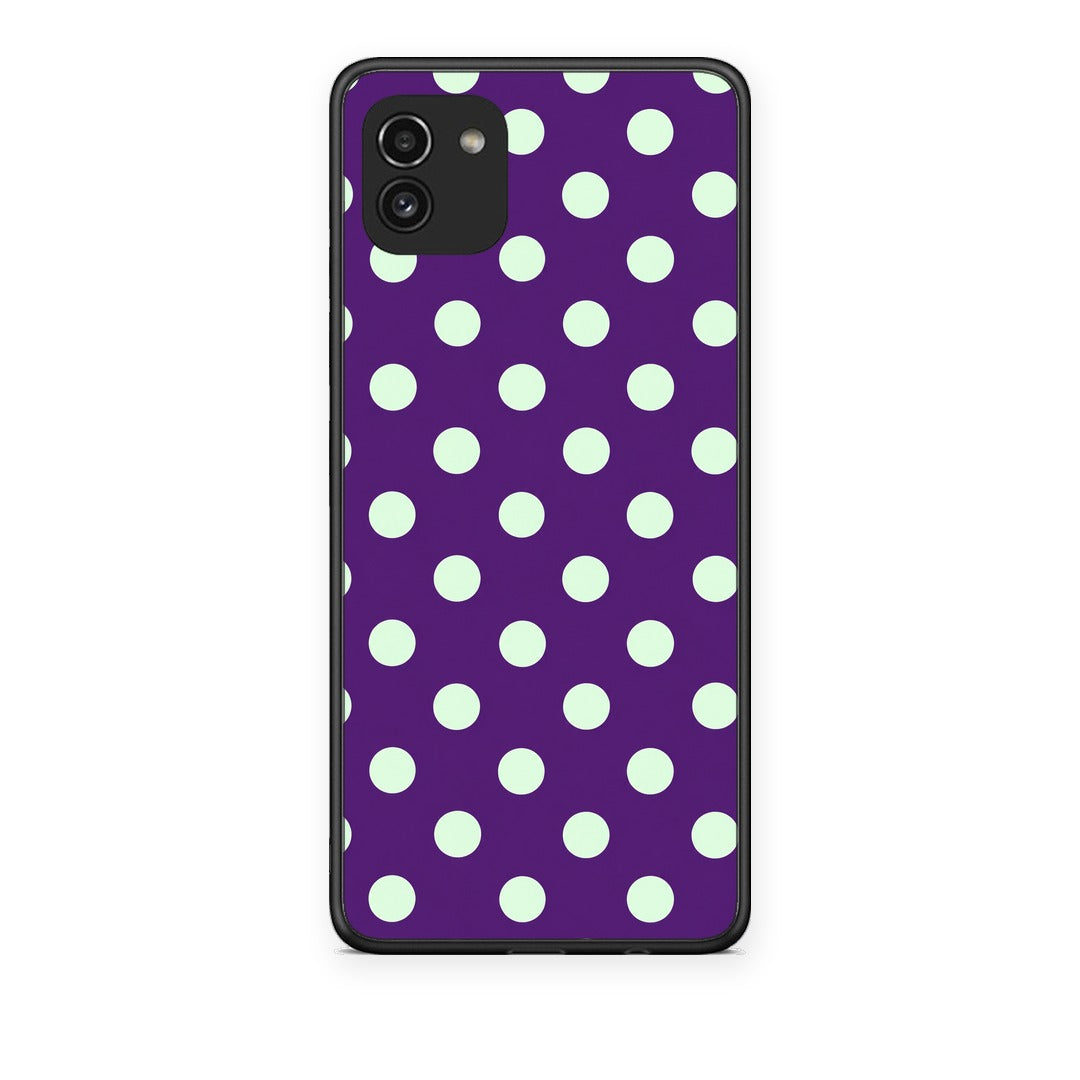 Θήκη Samsung Galaxy A03 Mint Polka Dots on Purple από τη Smartfits με σχέδιο στο πίσω μέρος και μαύρο περίβλημα | Samsung Galaxy A03 Mint Polka Dots on Purple case with colorful back and black bezels