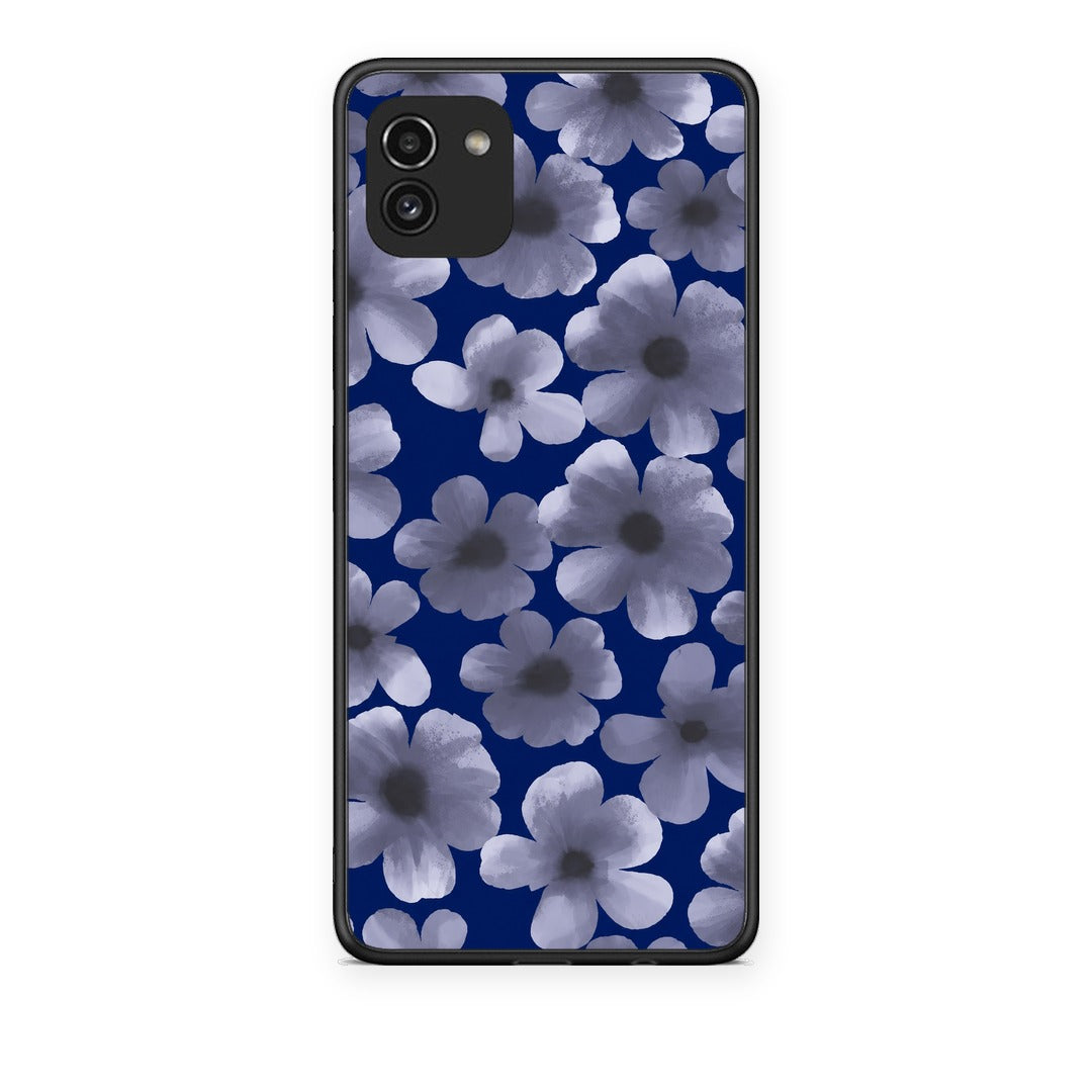 Θήκη Samsung Galaxy A03 Pale Blue Flowers on Navy από τη Smartfits με σχέδιο στο πίσω μέρος και μαύρο περίβλημα | Samsung Galaxy A03 Pale Blue Flowers on Navy case with colorful back and black bezels