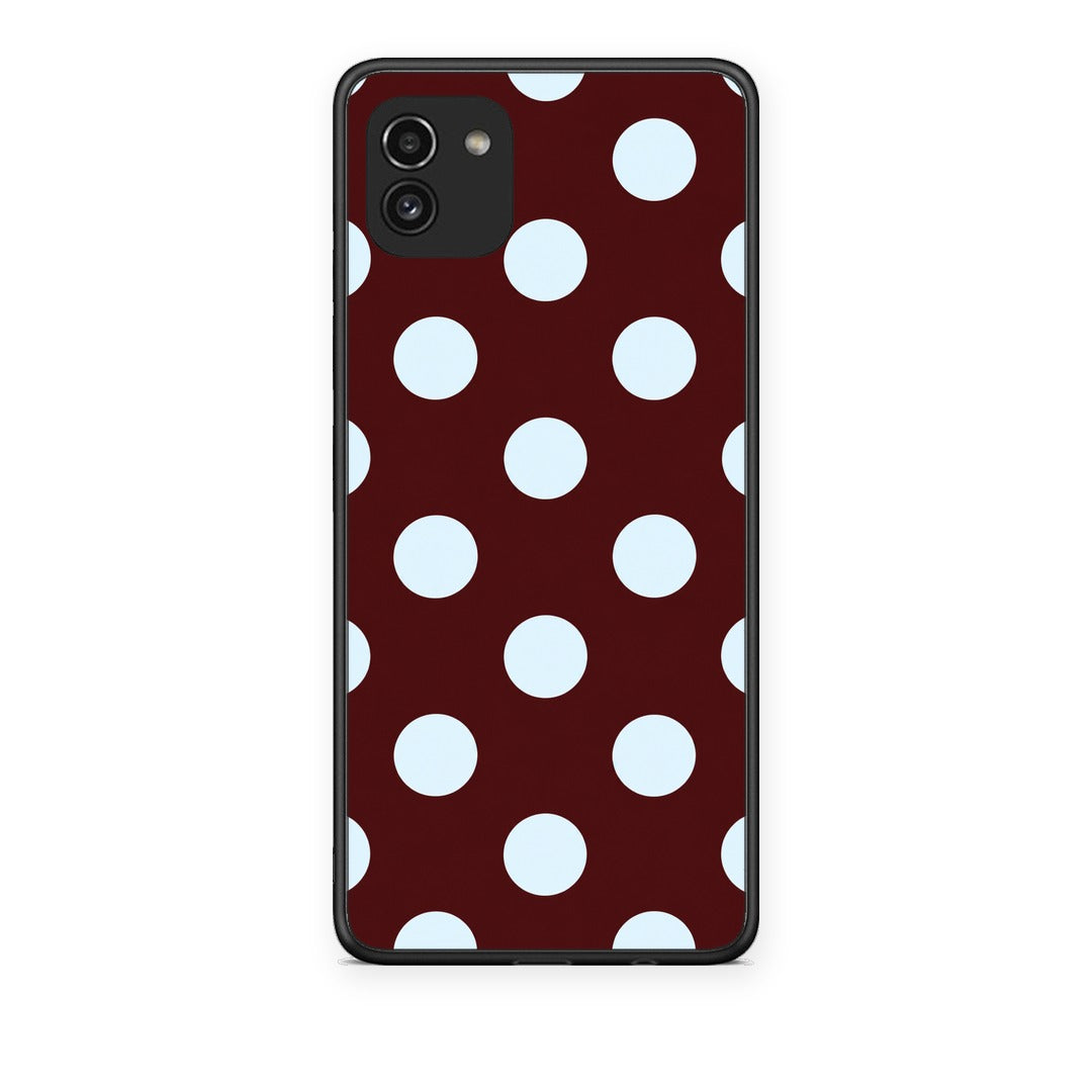 Θήκη Samsung Galaxy A03 Pale Blue Large Polka Dots on Burgundy από τη Smartfits με σχέδιο στο πίσω μέρος και μαύρο περίβλημα | Samsung Galaxy A03 Pale Blue Large Polka Dots on Burgundy case with colorful back and black bezels