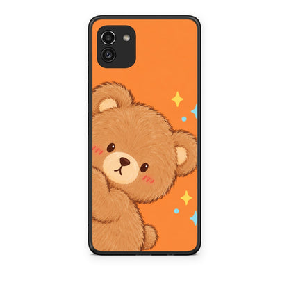 Θήκη Samsung Galaxy A03 Peekaboo Teddy on Orange από τη Smartfits με σχέδιο στο πίσω μέρος και μαύρο περίβλημα | Samsung Galaxy A03 Peekaboo Teddy on Orange case with colorful back and black bezels