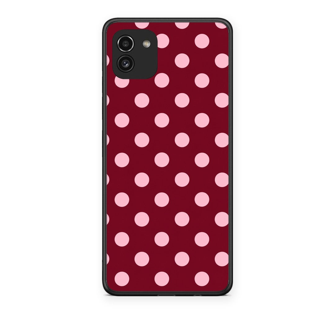 Θήκη Samsung Galaxy A03 Pink Polka Dots on Burgundy από τη Smartfits με σχέδιο στο πίσω μέρος και μαύρο περίβλημα | Samsung Galaxy A03 Pink Polka Dots on Burgundy case with colorful back and black bezels