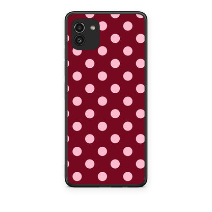 Θήκη Samsung Galaxy A03 Pink Polka Dots on Burgundy από τη Smartfits με σχέδιο στο πίσω μέρος και μαύρο περίβλημα | Samsung Galaxy A03 Pink Polka Dots on Burgundy case with colorful back and black bezels