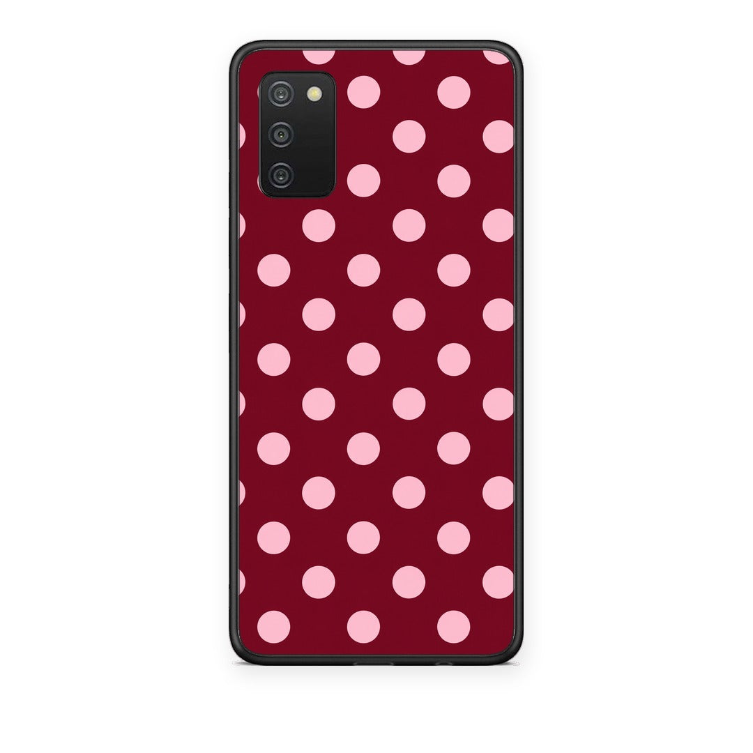 Θήκη Samsung Galaxy A03s Pink Polka Dots on Burgundy από τη Smartfits με σχέδιο στο πίσω μέρος και μαύρο περίβλημα | Samsung Galaxy A03s Pink Polka Dots on Burgundy case with colorful back and black bezels