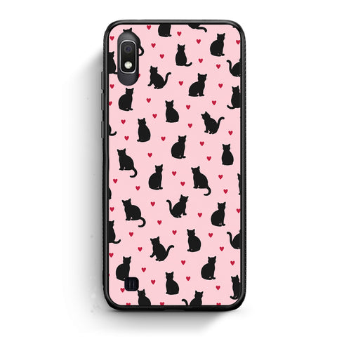 Θήκη Samsung Galaxy A10 Black Cat Silhouettes and Hearts on Pink από τη Smartfits με σχέδιο στο πίσω μέρος και μαύρο περίβλημα | Samsung Galaxy A10 Black Cat Silhouettes and Hearts on Pink case with colorful back and black bezels