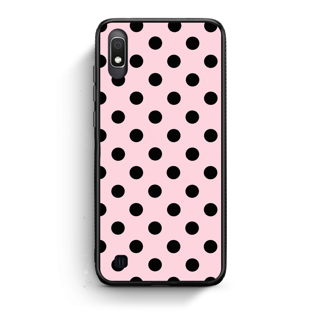 Θήκη Samsung Galaxy A10 Black Polka Dots on Pink από τη Smartfits με σχέδιο στο πίσω μέρος και μαύρο περίβλημα | Samsung Galaxy A10 Black Polka Dots on Pink case with colorful back and black bezels