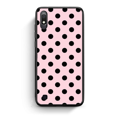 Θήκη Samsung Galaxy A10 Black Polka Dots on Pink από τη Smartfits με σχέδιο στο πίσω μέρος και μαύρο περίβλημα | Samsung Galaxy A10 Black Polka Dots on Pink case with colorful back and black bezels