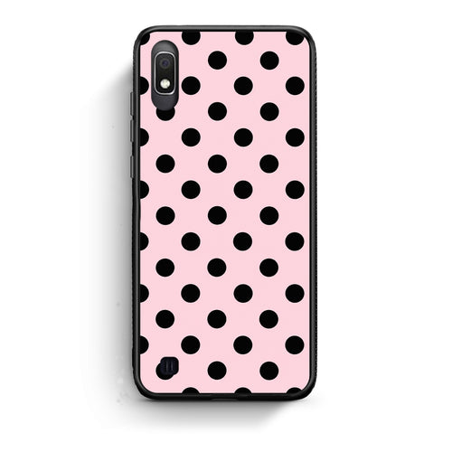 Θήκη Samsung Galaxy A10 Black Polka Dots on Pink από τη Smartfits με σχέδιο στο πίσω μέρος και μαύρο περίβλημα | Samsung Galaxy A10 Black Polka Dots on Pink case with colorful back and black bezels