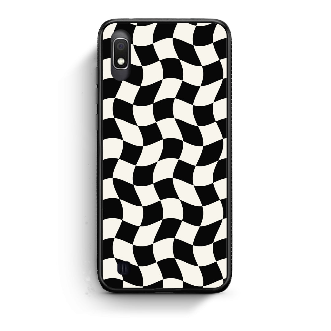 Θήκη Samsung Galaxy A10 Black and Cream Wavy Checkerboard από τη Smartfits με σχέδιο στο πίσω μέρος και μαύρο περίβλημα | Samsung Galaxy A10 Black and Cream Wavy Checkerboard case with colorful back and black bezels