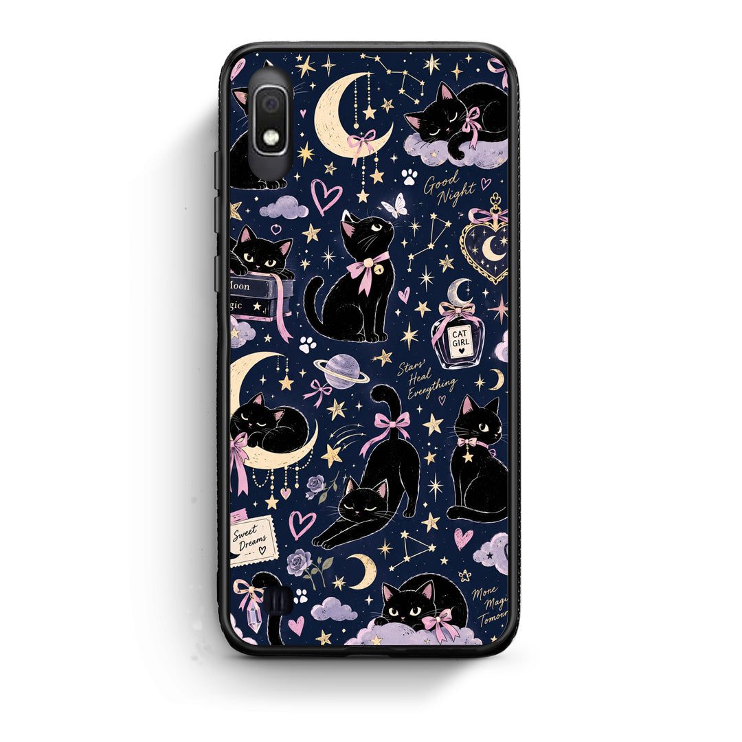 Θήκη Samsung Galaxy A10 Celestial Black Cats on Navy από τη Smartfits με σχέδιο στο πίσω μέρος και μαύρο περίβλημα | Samsung Galaxy A10 Celestial Black Cats on Navy case with colorful back and black bezels