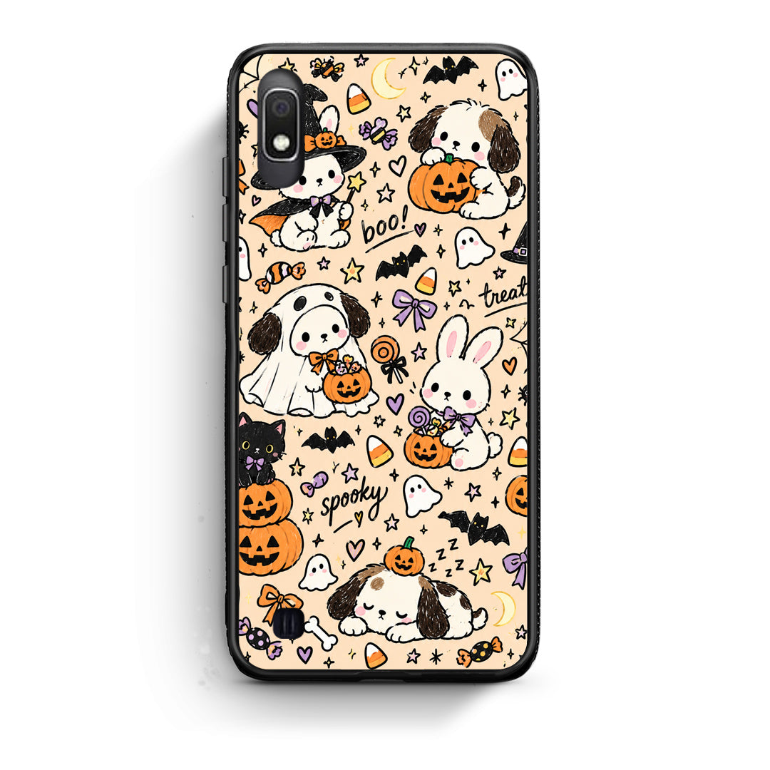 Θήκη Samsung Galaxy A10 Halloween Puppies and Friends on Cream από τη Smartfits με σχέδιο στο πίσω μέρος και μαύρο περίβλημα | Samsung Galaxy A10 Halloween Puppies and Friends on Cream case with colorful back and black bezels