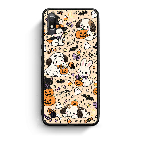 Θήκη Samsung Galaxy A10 Halloween Puppies and Friends on Cream από τη Smartfits με σχέδιο στο πίσω μέρος και μαύρο περίβλημα | Samsung Galaxy A10 Halloween Puppies and Friends on Cream case with colorful back and black bezels