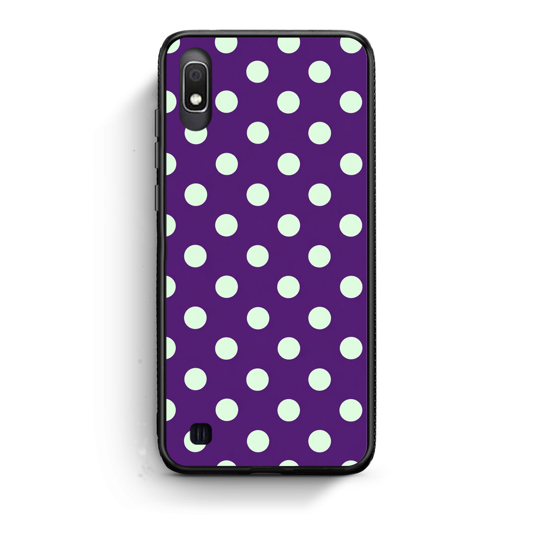 Θήκη Samsung Galaxy A10 Mint Polka Dots on Purple από τη Smartfits με σχέδιο στο πίσω μέρος και μαύρο περίβλημα | Samsung Galaxy A10 Mint Polka Dots on Purple case with colorful back and black bezels