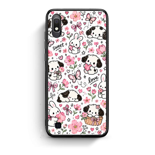 Θήκη Samsung Galaxy A10 Pink Florals Puppies and Bunnies on White από τη Smartfits με σχέδιο στο πίσω μέρος και μαύρο περίβλημα | Samsung Galaxy A10 Pink Florals Puppies and Bunnies on White case with colorful back and black bezels