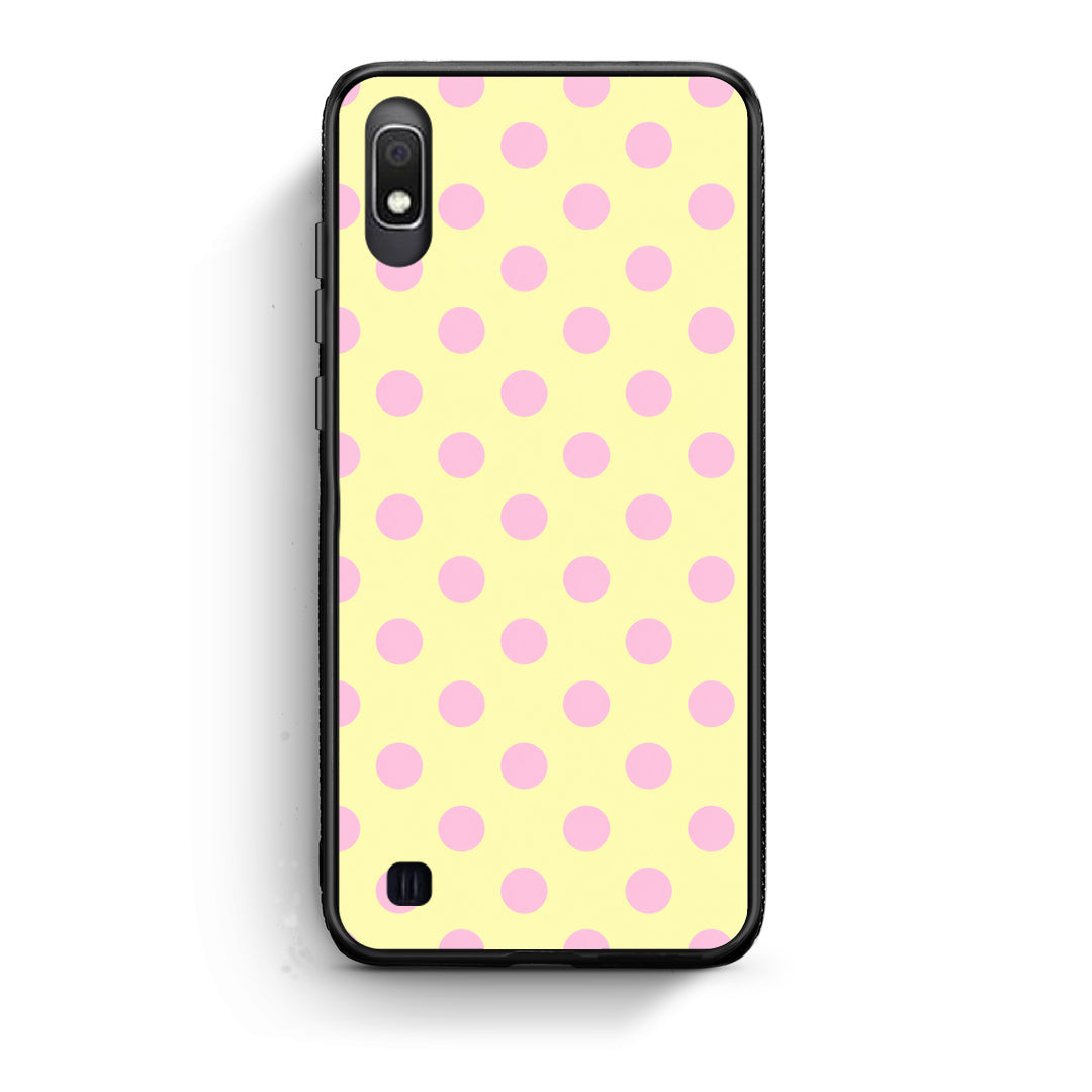 Θήκη Samsung Galaxy A10 Pink Polka Dots on Yellow από τη Smartfits με σχέδιο στο πίσω μέρος και μαύρο περίβλημα | Samsung Galaxy A10 Pink Polka Dots on Yellow case with colorful back and black bezels