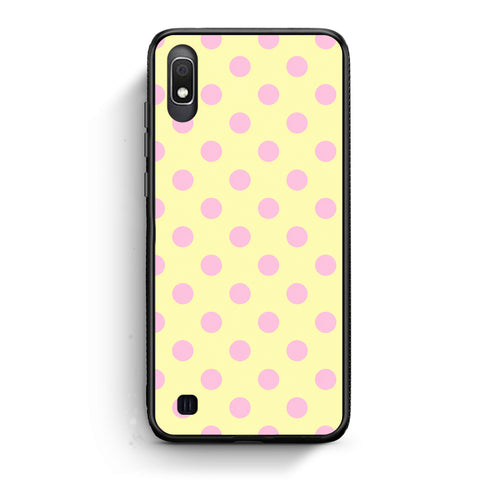 Θήκη Samsung Galaxy A10 Pink Polka Dots on Yellow από τη Smartfits με σχέδιο στο πίσω μέρος και μαύρο περίβλημα | Samsung Galaxy A10 Pink Polka Dots on Yellow case with colorful back and black bezels