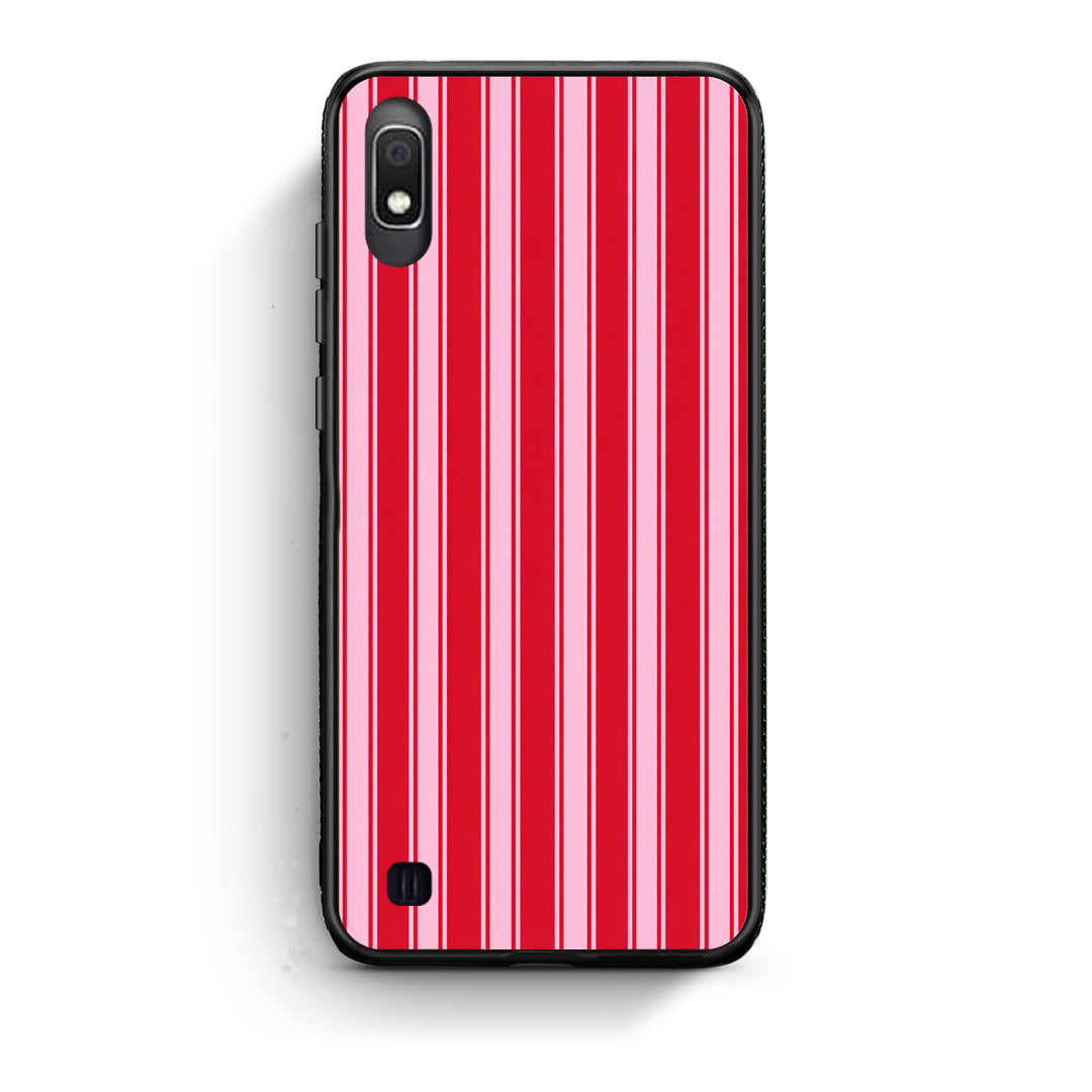 Θήκη Samsung Galaxy A10 Red and Pink Vertical Pinstripes από τη Smartfits με σχέδιο στο πίσω μέρος και μαύρο περίβλημα | Samsung Galaxy A10 Red and Pink Vertical Pinstripes case with colorful back and black bezels