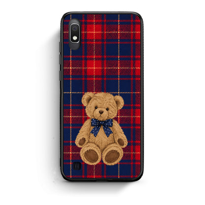 Θήκη Samsung Galaxy A10 Teddy Bear on Red and Navy Tartan από τη Smartfits με σχέδιο στο πίσω μέρος και μαύρο περίβλημα | Samsung Galaxy A10 Teddy Bear on Red and Navy Tartan case with colorful back and black bezels