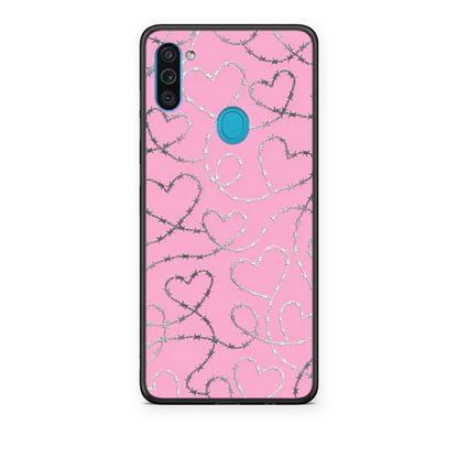 Θήκη Samsung Galaxy A11 / M11 Barbed Wire Hearts on Pink από τη Smartfits με σχέδιο στο πίσω μέρος και μαύρο περίβλημα | Samsung Galaxy A11 / M11 Barbed Wire Hearts on Pink case with colorful back and black bezels
