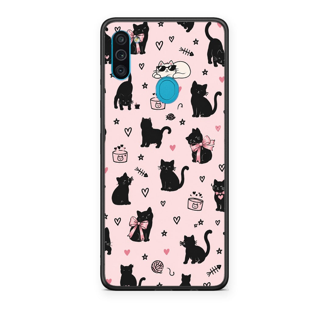 Θήκη Samsung Galaxy A11 / M11 Black Cat Doodles on Pink από τη Smartfits με σχέδιο στο πίσω μέρος και μαύρο περίβλημα | Samsung Galaxy A11 / M11 Black Cat Doodles on Pink case with colorful back and black bezels