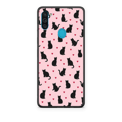 Θήκη Samsung Galaxy A11 / M11 Black Cat Silhouettes and Hearts on Pink από τη Smartfits με σχέδιο στο πίσω μέρος και μαύρο περίβλημα | Samsung Galaxy A11 / M11 Black Cat Silhouettes and Hearts on Pink case with colorful back and black bezels