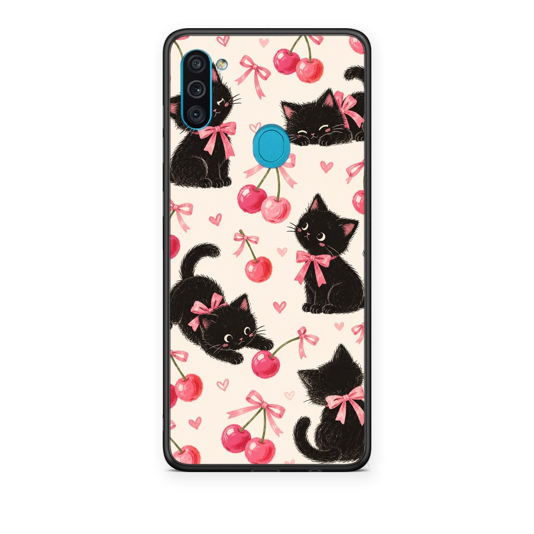 Θήκη Samsung Galaxy A11 / M11 Black Kittens and Cherries on Cream από τη Smartfits με σχέδιο στο πίσω μέρος και μαύρο περίβλημα | Samsung Galaxy A11 / M11 Black Kittens and Cherries on Cream case with colorful back and black bezels