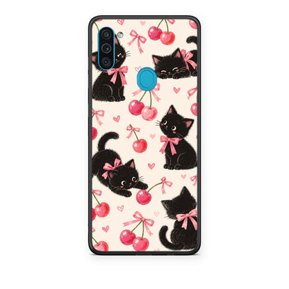 Θήκη Samsung Galaxy A11 / M11 Black Kittens and Cherries on Cream από τη Smartfits με σχέδιο στο πίσω μέρος και μαύρο περίβλημα | Samsung Galaxy A11 / M11 Black Kittens and Cherries on Cream case with colorful back and black bezels