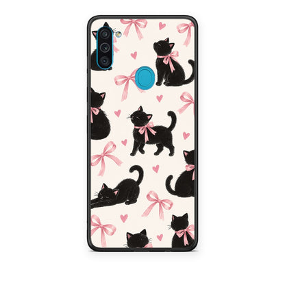 Θήκη Samsung Galaxy A11 / M11 Black Kittens and Pink Bows on Cream Large από τη Smartfits με σχέδιο στο πίσω μέρος και μαύρο περίβλημα | Samsung Galaxy A11 / M11 Black Kittens and Pink Bows on Cream Large case with colorful back and black bezels