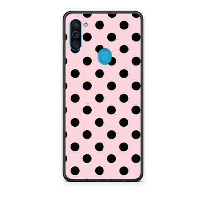 Θήκη Samsung Galaxy A11 / M11 Black Polka Dots on Pink από τη Smartfits με σχέδιο στο πίσω μέρος και μαύρο περίβλημα | Samsung Galaxy A11 / M11 Black Polka Dots on Pink case with colorful back and black bezels