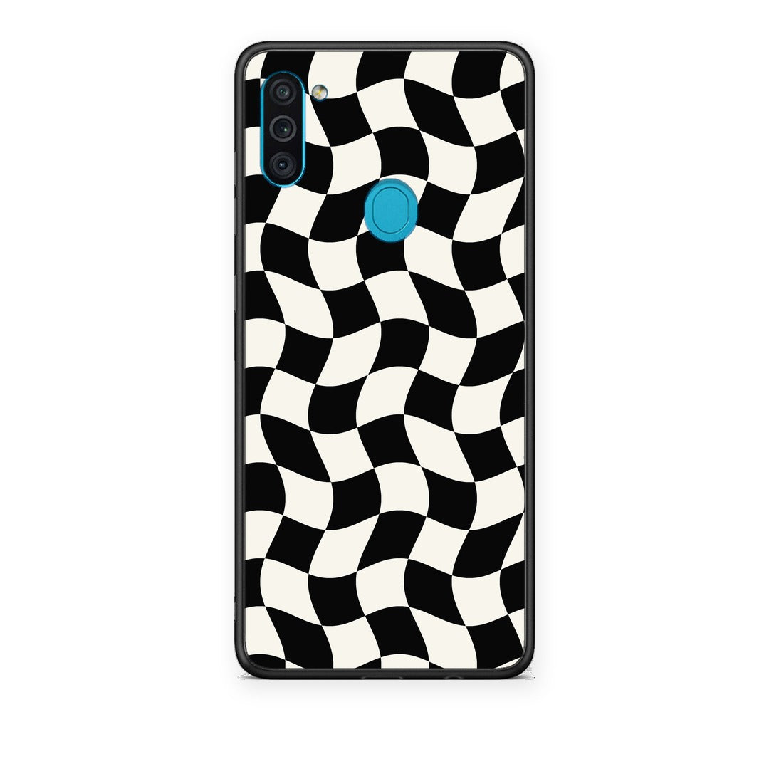 Θήκη Samsung Galaxy A11 / M11 Black and Cream Wavy Checkerboard από τη Smartfits με σχέδιο στο πίσω μέρος και μαύρο περίβλημα | Samsung Galaxy A11 / M11 Black and Cream Wavy Checkerboard case with colorful back and black bezels