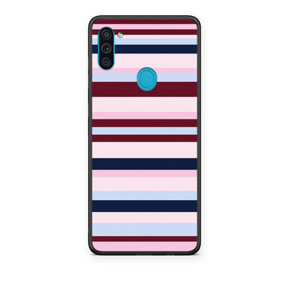 Θήκη Samsung Galaxy A11 / M11 Burgundy Pink and Blue Horizontal Stripes από τη Smartfits με σχέδιο στο πίσω μέρος και μαύρο περίβλημα | Samsung Galaxy A11 / M11 Burgundy Pink and Blue Horizontal Stripes case with colorful back and black bezels