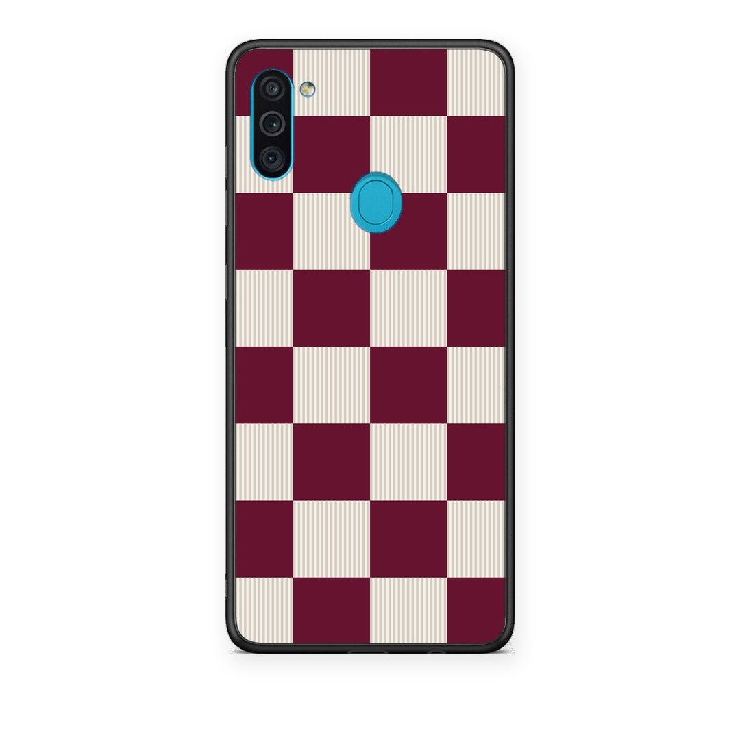 Θήκη Samsung Galaxy A11 / M11 Burgundy and Cream Striped Checks από τη Smartfits με σχέδιο στο πίσω μέρος και μαύρο περίβλημα | Samsung Galaxy A11 / M11 Burgundy and Cream Striped Checks case with colorful back and black bezels