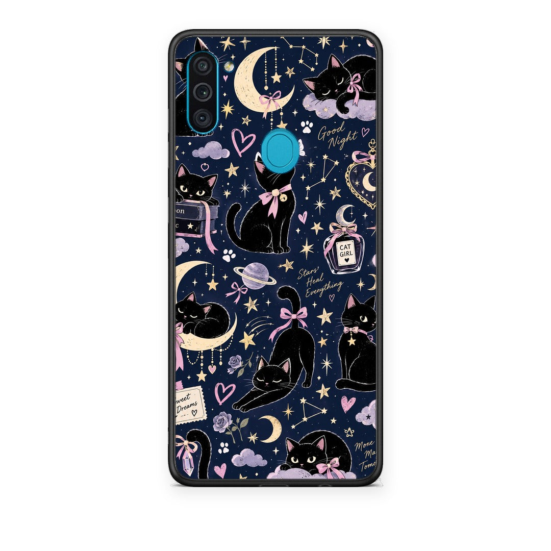 Θήκη Samsung Galaxy A11 / M11 Celestial Black Cats on Navy από τη Smartfits με σχέδιο στο πίσω μέρος και μαύρο περίβλημα | Samsung Galaxy A11 / M11 Celestial Black Cats on Navy case with colorful back and black bezels