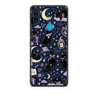 Θήκη Samsung Galaxy A11 / M11 Celestial Black Cats on Navy από τη Smartfits με σχέδιο στο πίσω μέρος και μαύρο περίβλημα | Samsung Galaxy A11 / M11 Celestial Black Cats on Navy case with colorful back and black bezels