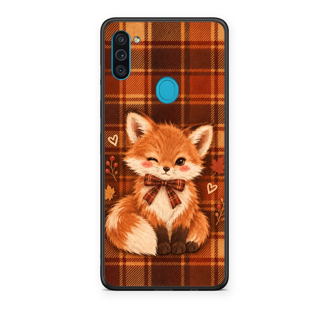 Θήκη Samsung Galaxy A11 / M11 Fox on Autumn Tartan από τη Smartfits με σχέδιο στο πίσω μέρος και μαύρο περίβλημα | Samsung Galaxy A11 / M11 Fox on Autumn Tartan case with colorful back and black bezels
