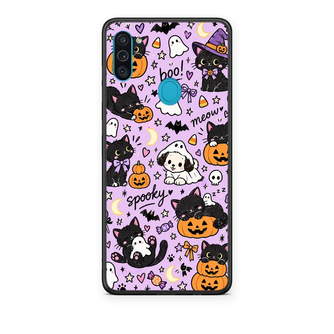 Θήκη Samsung Galaxy A11 / M11 Halloween Black Cats on Lilac από τη Smartfits με σχέδιο στο πίσω μέρος και μαύρο περίβλημα | Samsung Galaxy A11 / M11 Halloween Black Cats on Lilac case with colorful back and black bezels