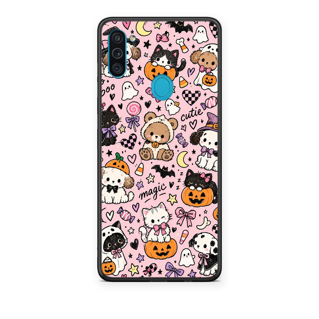 Θήκη Samsung Galaxy A11 / M11 Halloween Cute Animals on Pink από τη Smartfits με σχέδιο στο πίσω μέρος και μαύρο περίβλημα | Samsung Galaxy A11 / M11 Halloween Cute Animals on Pink case with colorful back and black bezels