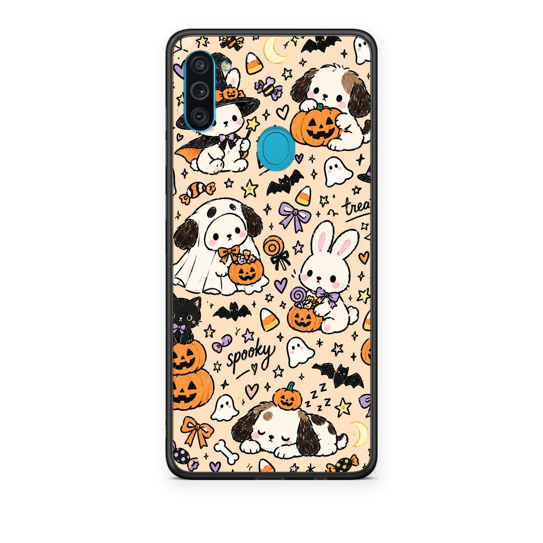 Θήκη Samsung Galaxy A11 / M11 Halloween Puppies and Friends on Cream από τη Smartfits με σχέδιο στο πίσω μέρος και μαύρο περίβλημα | Samsung Galaxy A11 / M11 Halloween Puppies and Friends on Cream case with colorful back and black bezels