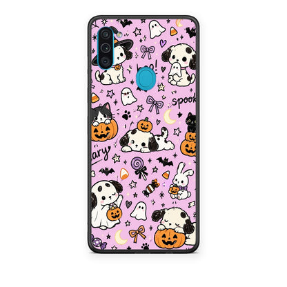 Θήκη Samsung Galaxy A11 / M11 Halloween Puppies and Friends on Lilac από τη Smartfits με σχέδιο στο πίσω μέρος και μαύρο περίβλημα | Samsung Galaxy A11 / M11 Halloween Puppies and Friends on Lilac case with colorful back and black bezels