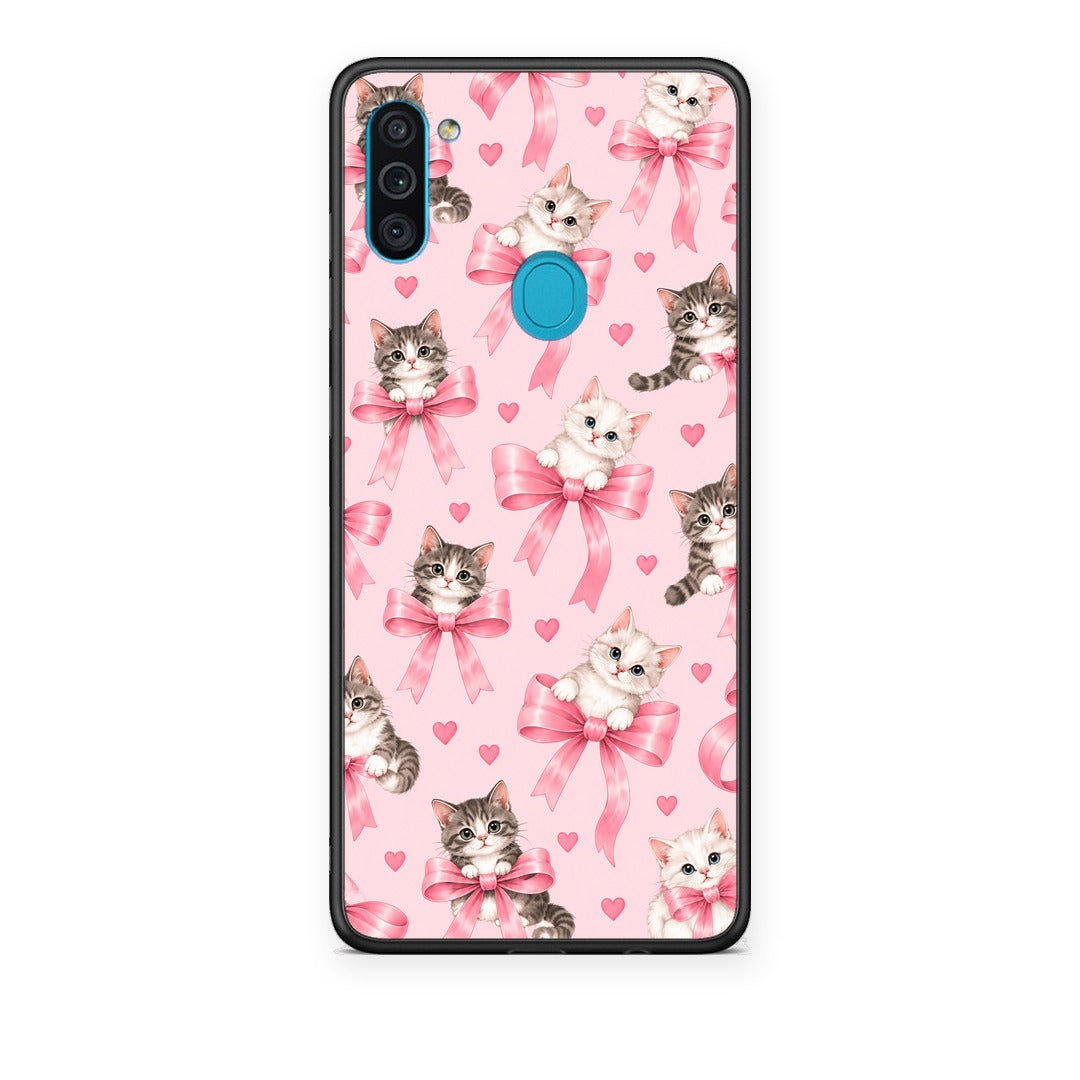 Θήκη Samsung Galaxy A11 / M11 Kittens and Pink Bows on Pink από τη Smartfits με σχέδιο στο πίσω μέρος και μαύρο περίβλημα | Samsung Galaxy A11 / M11 Kittens and Pink Bows on Pink case with colorful back and black bezels