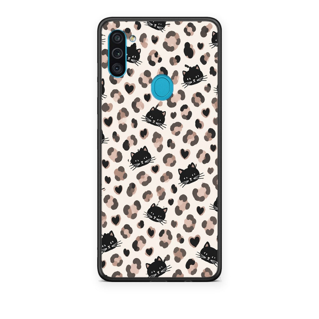 Θήκη Samsung Galaxy A11 / M11 Leopard Spots and Black Cats on Cream από τη Smartfits με σχέδιο στο πίσω μέρος και μαύρο περίβλημα | Samsung Galaxy A11 / M11 Leopard Spots and Black Cats on Cream case with colorful back and black bezels